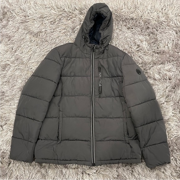 Nautica Gray Hooded Puffer Coat Men’s Large L - Picture 1 of 9